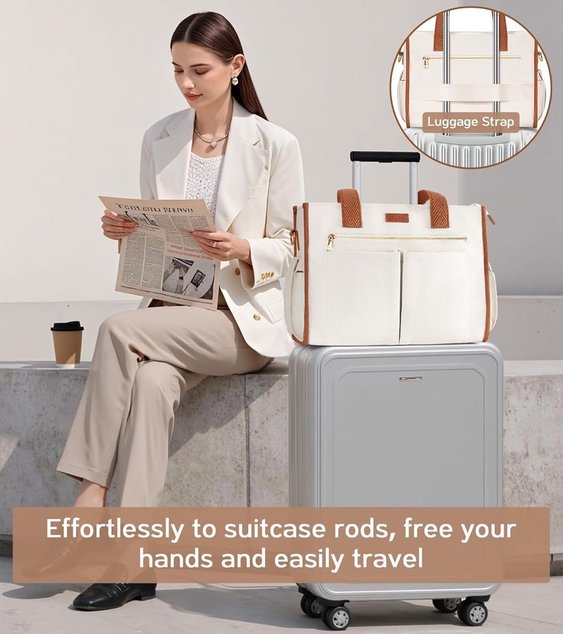 Bagstellar Canvas Tote Bag for Women, 15-Pockets Work Laptop Tote Purse Large Crossbody Nurse Teacher Bible Bag for School Travel Daily | Lightweight Canvas, Computer Laptop Bag, Two Size, Daily Bag, College Shoulder Bag, Travel Luggage Strap, Spacious, Top Zipper - Image 5